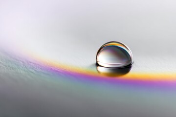 Naklejka premium Ephemeral Rainbow: A singular droplet of water, reflecting a delicate spectrum of colors, rests serenely on a subtly textured surface, creating a minimalist yet mesmerizing composition.