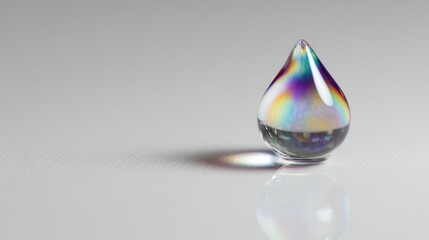 Naklejka premium Luminous water drop : A transparent water droplet, iridescent with a spectrum of colors, sits delicately, casting a subtle shadow on a clean, reflective surface. 