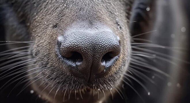 Close-up dog nose macro shot with whiskers and dewdrops