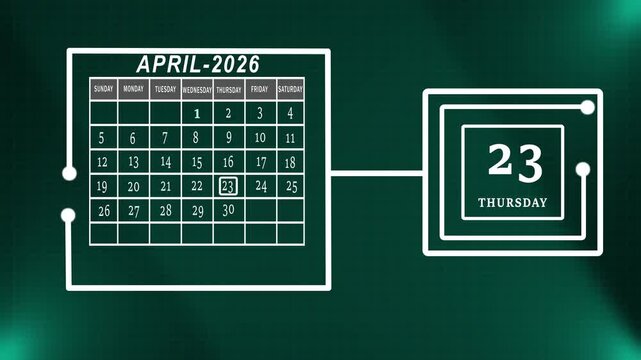 Professional April 2026 Monthly Calendar Featuring Weekly Highlight  Technical Green Grid Layout. 4k Vedio
