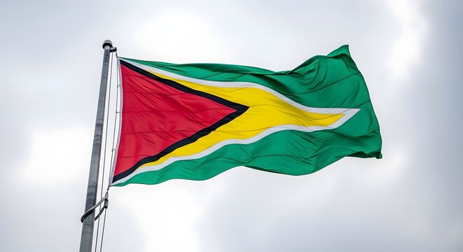 The flag of guyana waving in the wind against a cloudy sky