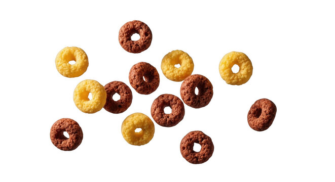 A scattering of colorful cereal loops including both golden and chocolate varieties on transparent background