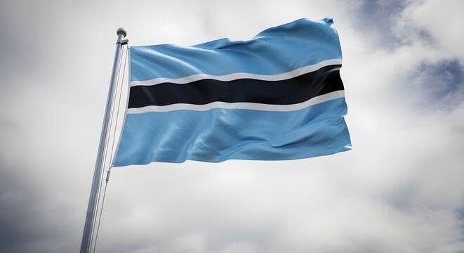 The flag of botswana waving in the wind with a cloudy sky background