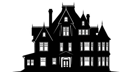 Silhouette of a large ornate victorian style mansion with multiple turrets and gables silhouette © Meem