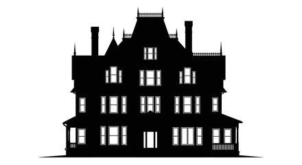 Silhouette of a large ornate victorian style house with multiple stories and turrets silhouette © Meem