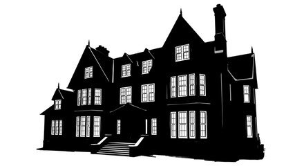 Silhouette of a large ornate victorian style mansion with multiple turrets and chimneys © Meem