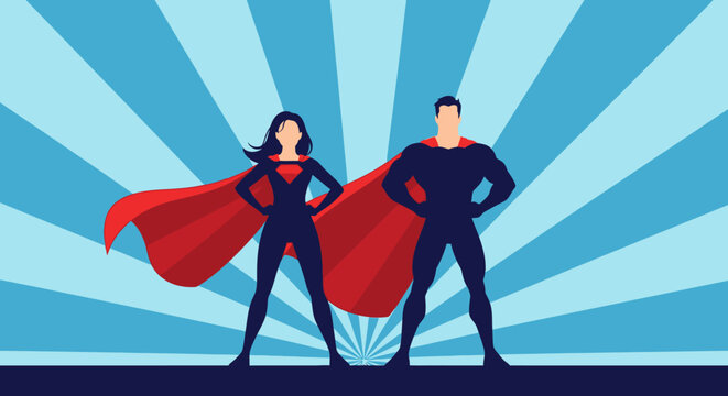 Superhero couple standing strong in red capes silhouette against blue sunburst background