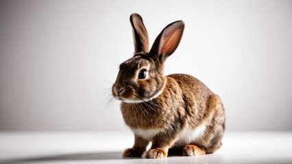 Obraz premium A brown rabbit sits comfortably on a white floor, looking around