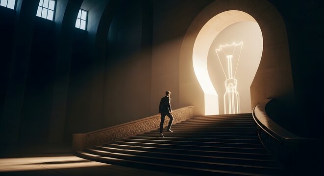 A visionary businessman walking up grand stairs toward a glowing lightbulb portal representing innovation, success, and professional growth in a cinematic, conceptual, and metaphorical business