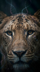 Fototapeta premium Extreme close up portrait of hybrid feline face with dna helix patterns over.