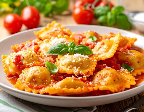 Close-up of a plate of filled pasta with tomato sauce, garnished with fresh basil and parmesan cheese