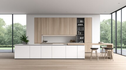 Obraz premium Modern minimalist kitchen interior design with wooden cabinetry and island