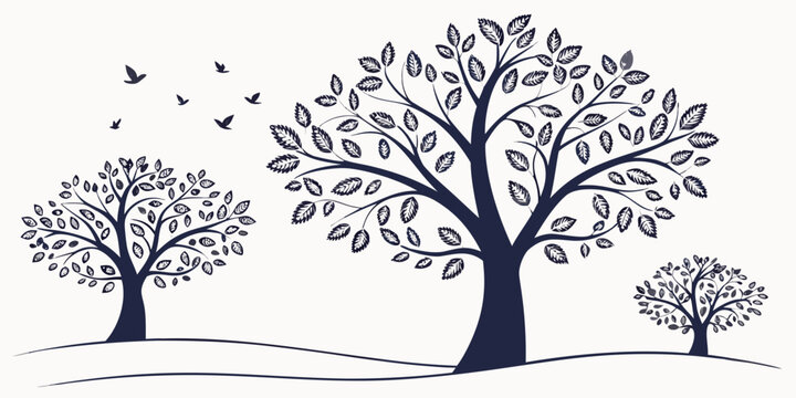 A group of trees with leaves and birds flying overhead