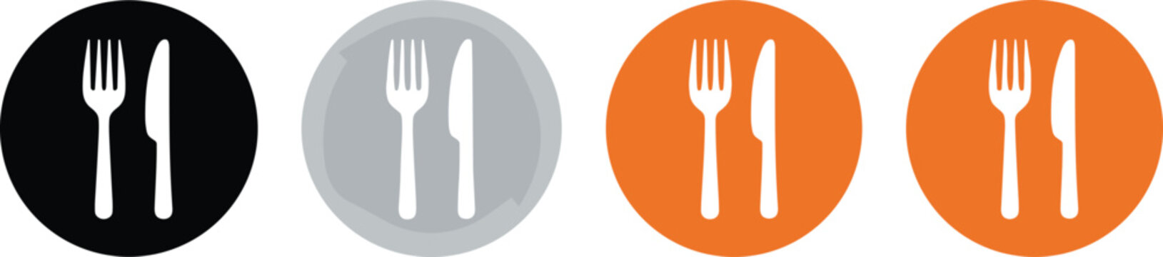 Vector illustration of dining icons with fork and knife silhouettes in black, gray, and orange circles for restaurant and food design
