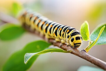 Naklejka premium Large caterpillar with black and yellow stripes crawling along a green branch surrounded by vibrant leaves in a natural outdoor setting