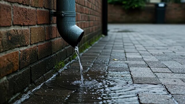 Rainwater flowing from metal downspout loop, 4K footage, perfect for urban infrastructure presentations, environmental conservation videos, architectural visualizations