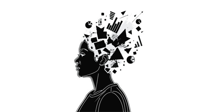 Black silhouette of a woman with creative thoughts and ideas exploding from her head