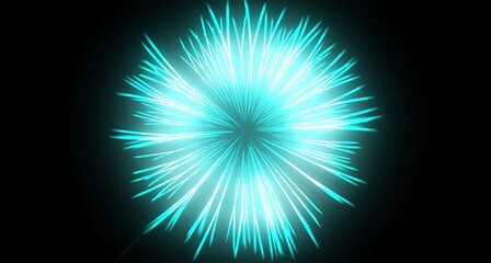 Fototapeta premium Vibrant cyan light burst radiates outward like an abstract firework explosion against a deep black background creating dynamic energy