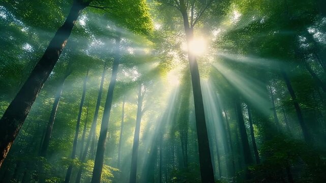 Rays morning light piercing dense forest canopy low angle perspective cinematic ambience