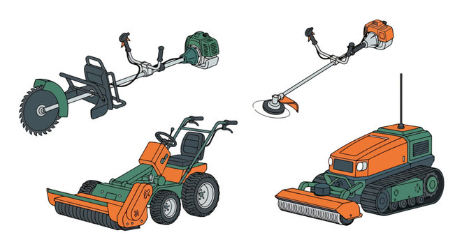 Vector illustration set of modern agricultural and garden maintenance equipment including string trimmer, robotic mower, flail mower, and power saw isolated on white background