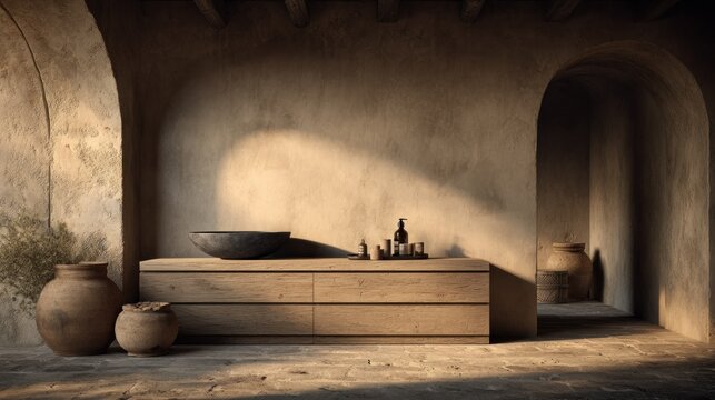 Rustic interior scene with wooden furniture and decorative vessels