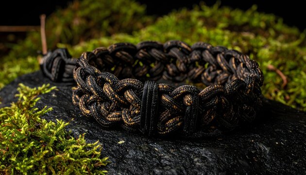Detailed paracord bracelet unraveling on dark mossy rock texture
