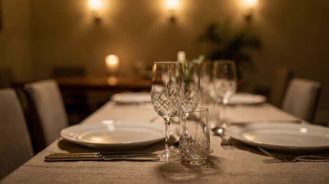 Cozy private dining room arranged for a small group event focused shot on fine glassware with muted room details softly out of focus.