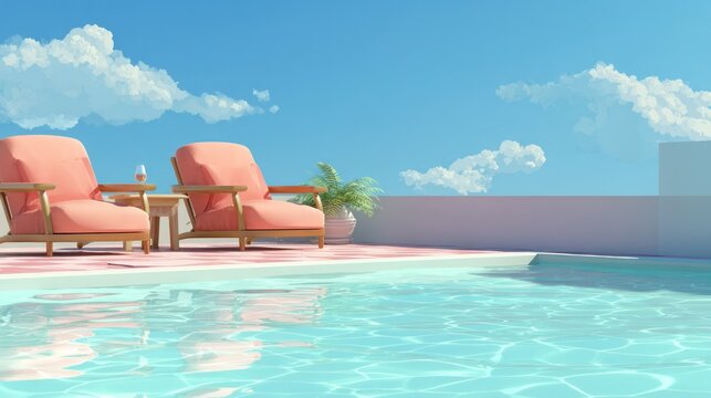 Relaxing poolside scene featuring lounge chairs and a tranquil blue sky backdrop