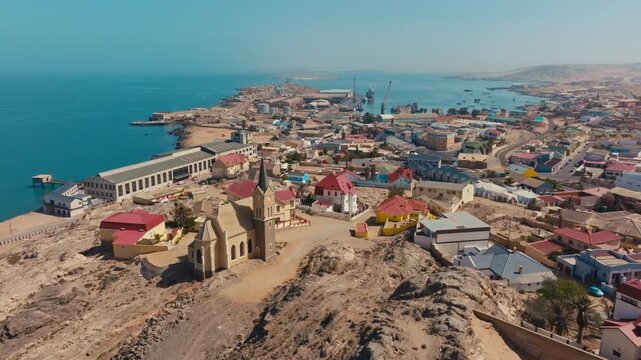 Drone shot of Luderitz in Namibia over the church