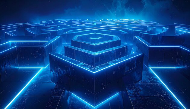 Abstract Blue Neon Labyrinth with Geometric Center and Dark Sky