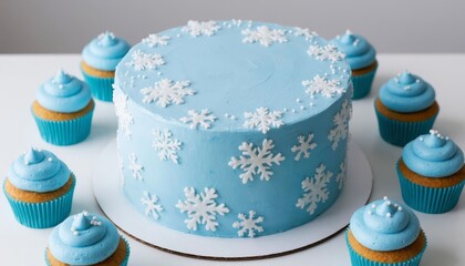 Fototapeta premium a large blue cake decorated with white snowflakes. Surrounding the cake are smaller blue cupcakes, each adorned with similar snowflake designs.