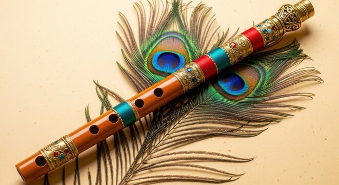 Traditional indian bamboo flute with peacock feathers