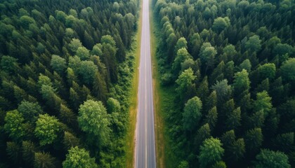 Naklejka premium An aerial view shows a long, straight road framed by dense trees. This road, surrounded by lush green forests, leads through a quiet natural landscape.