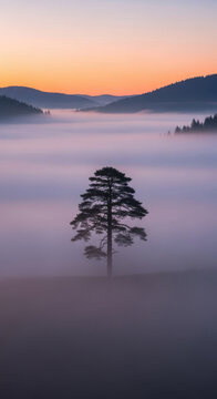 Solitary pine tree fog valley dawn minimalist moody landscape conifer sunrise pastel horizon
