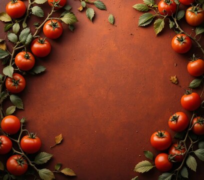  Creative composition of tomatoes on dark rustic background with warm lighting and central copy space.
