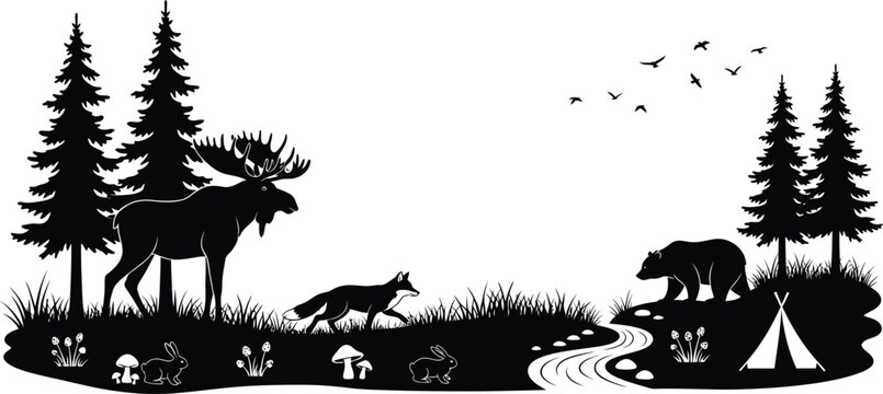 Moose and deer in a forest landscape with tall trees and a winding stream at night