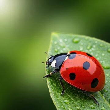 Red ladybug green leaf dew closeup shiny shell black spot insect macro nature vibrant