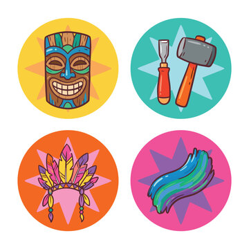 Set of Four Circular Icons Featuring Cultural Symbols.