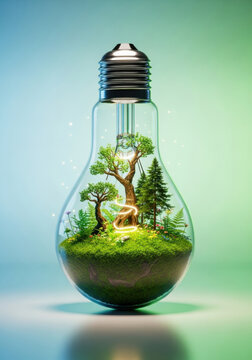 Glass terrarium lightbulb containing moss tree and miniature forest glowing spiral energy symbolizing renewable energy and environmental care