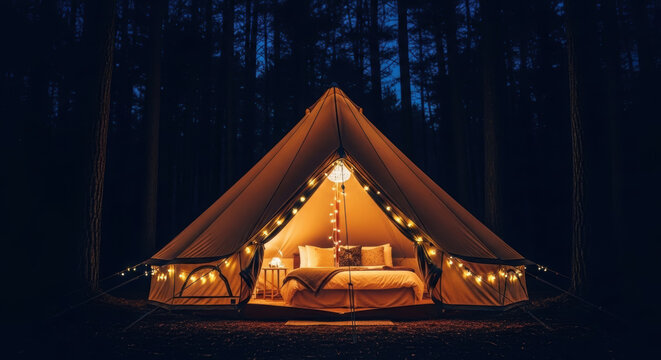 Cozy luxury bell tent glamping bed fairy lights warm glow plush pillows forest night inviting atmosphere