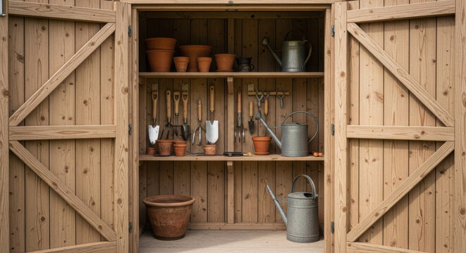 Neat wooden garden shed interior with clay pots, hand tools and metal watering cans arranged on shelves, warm rustic texture and tidy organization