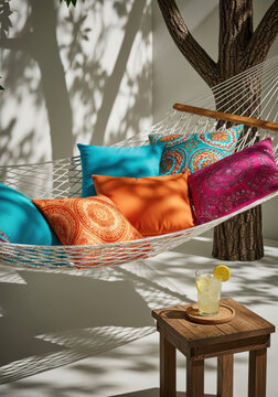 Serene outdoor nook with comfortable hammock vibrant pillows and glass of lemonade on small table under soft dappled sunlight afternoon sunny table