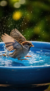 Sparrow splashes in ceramic birdbath, wings raised and water droplets frozen in warm dappled garden light, joyful motion and fresh morning moisture