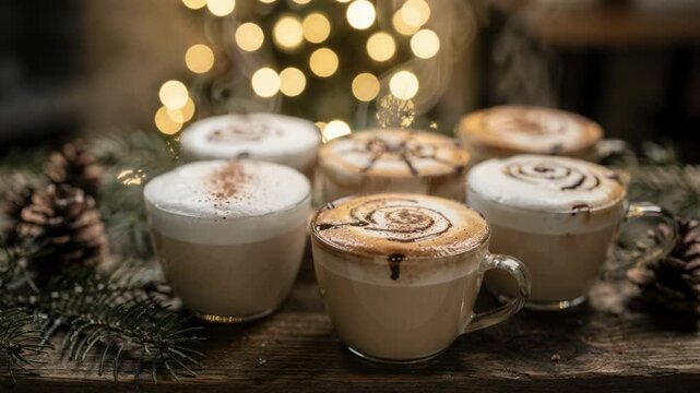 Winter display highlights creamy seasonal lattes with closeup samples softly blurred twinkling lights creating a warm holiday ambiance