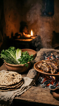 Traditional passover seder meal with roasted lamb shank and unleavened bread.