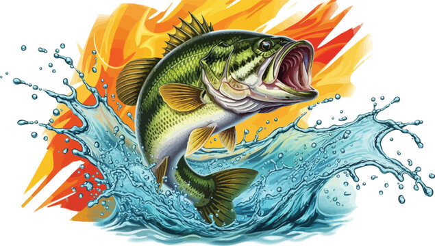 Large mouth bass fish jumping out of water with big splash and sunlight background