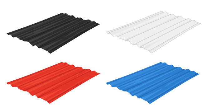 Set of corrugated metal roofing sheets in black, white, red, and blue for farm buildings, barns, and industrial sheds