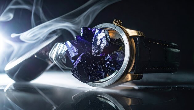 Resplendent purple-black iodine crystals are sublimating slightly, scattered within a luxurious gold and silver watch casing, captured with dramatic lighting.
