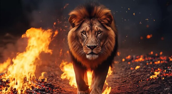 fiery path lion walking through flames in wildlife dramatic scene