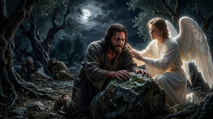 Naklejka premium Jezus modlący się na Górze Oliwnej (Getsemani), pocieszany przez anioła. Scena biblijna